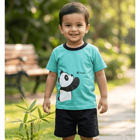 Kids Aqua Panda Graphic T- Shirt and Black Shorts Outfit Set - KBC-07
