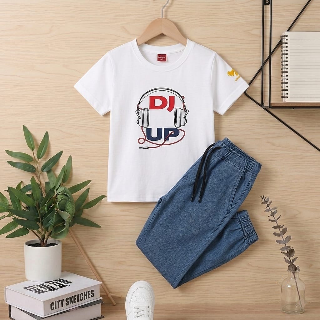 Boy White-T-Shirt and Blue Paint Outfit Set - KBC-13