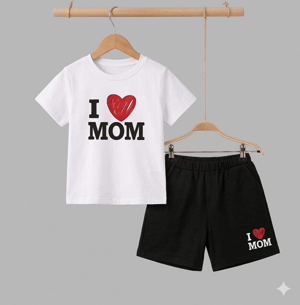 Kids I Love Mom T- Shirt and Black Shorts Outfit Set - KBC-08