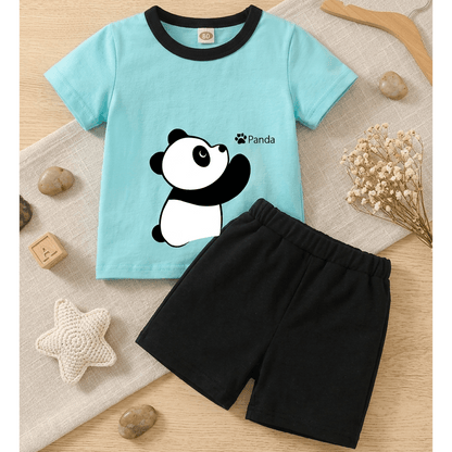 Kids Aqua Panda Graphic T- Shirt and Black Shorts Outfit Set - KBC-07
