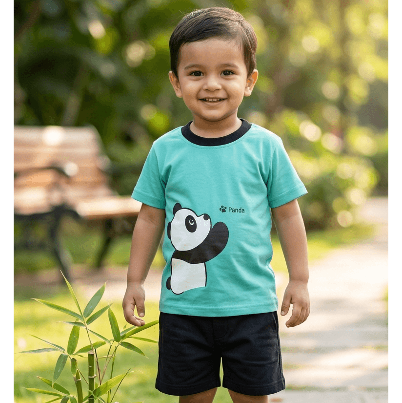 Kids Aqua Panda Graphic T- Shirt and Black Shorts Outfit Set - KBC-07