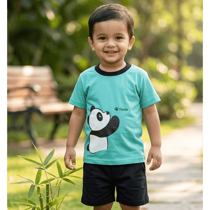 Kids Aqua Panda Graphic T- Shirt and Black Shorts Outfit Set - KBC-07
