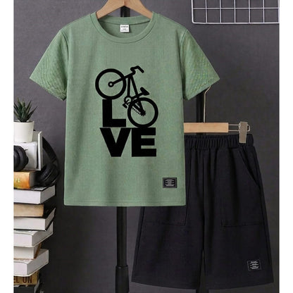 Boys Love Bicycle Graphic T Shirt and Shorts Outfit Set - KBC-04
