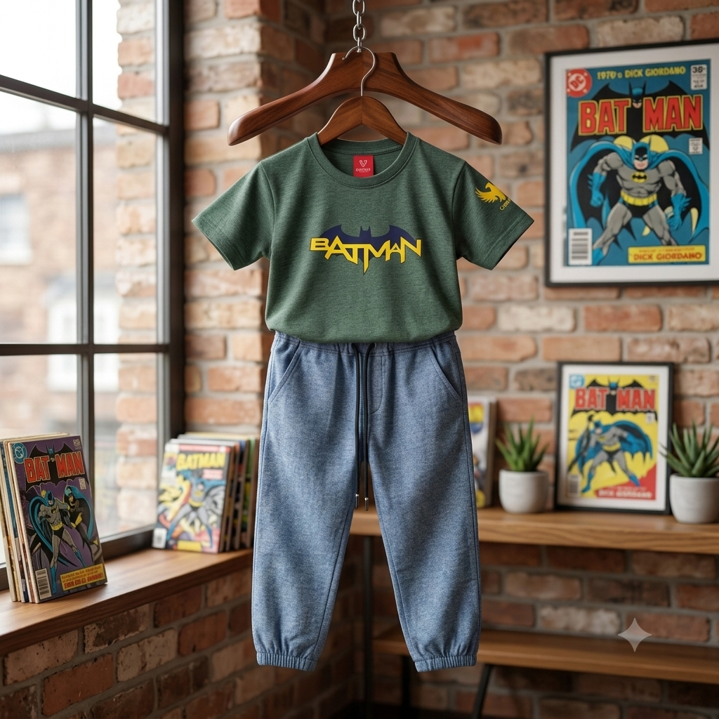 Boys Bat Man Green -T-Shirt and Blue Paint Outfit Set - KBC-15