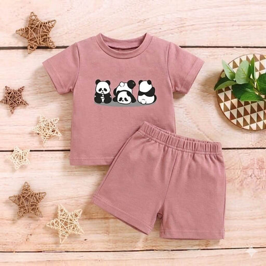 Kids Panda Cartoon T Shirt and Shorts Matching Set - Light Pink - KBC-03