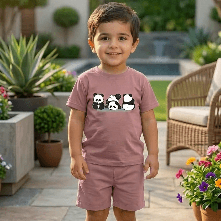Kids Panda Cartoon T Shirt and Shorts Matching Set - Light Pink - KBC-03