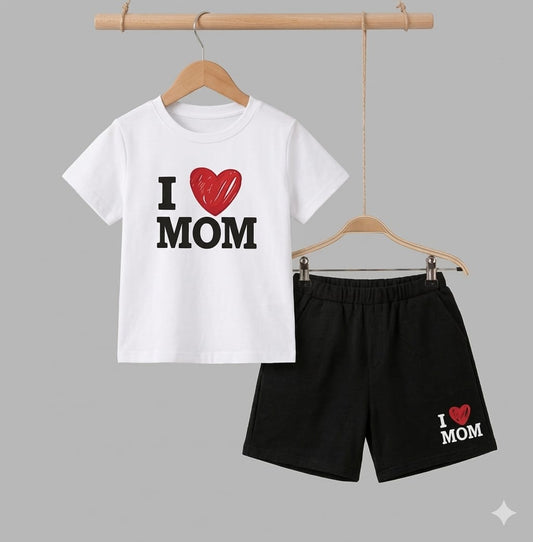 Kids I Love Mom T- Shirt and Black Shorts Outfit Set - KBC-08