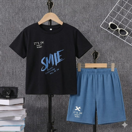 Kids Smile-T- Shirt and Blue Shorts Outfit Set - KBC-09