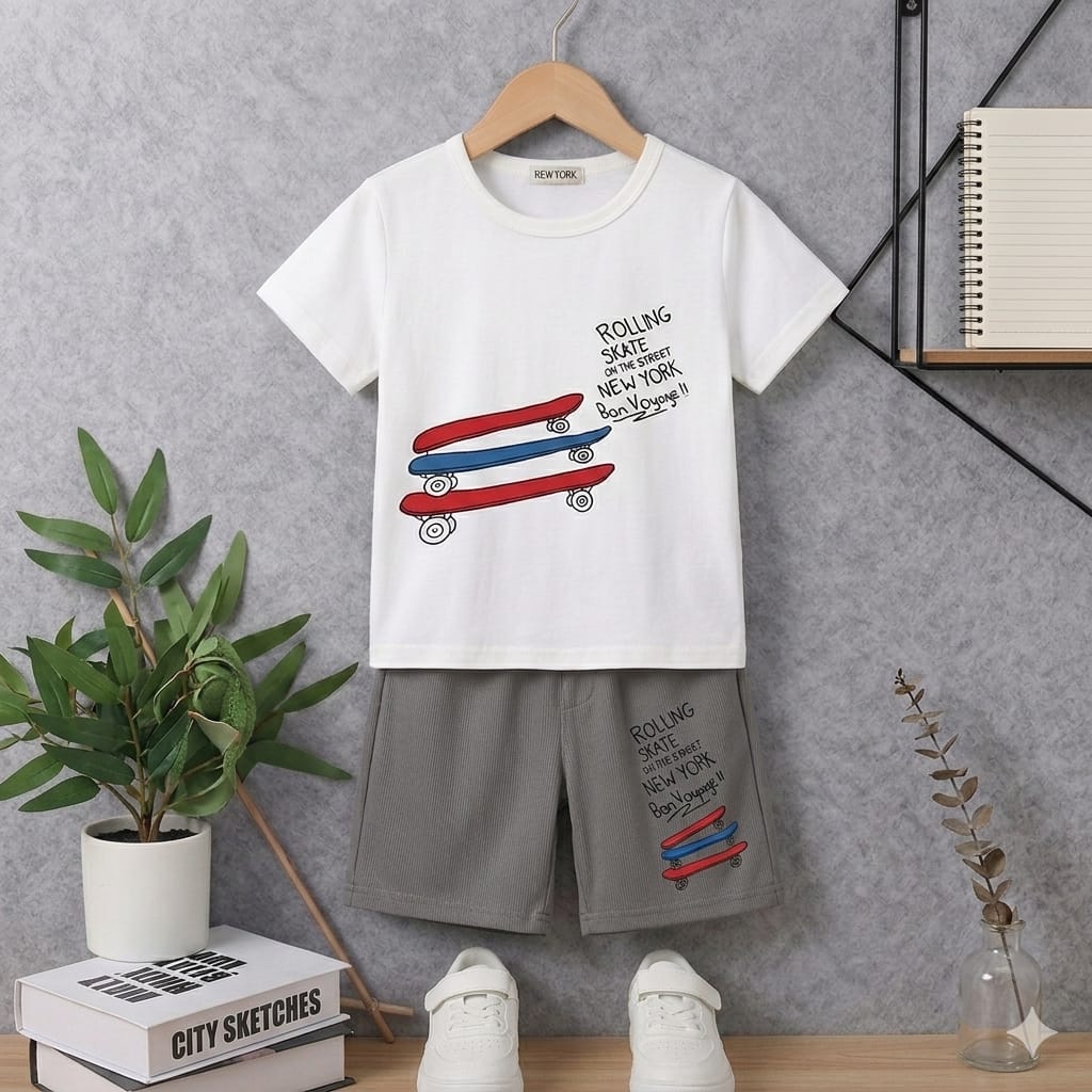 Boy White- Shirt -T- Shirt and Grey Shorts Outfit Set - KBC-12
